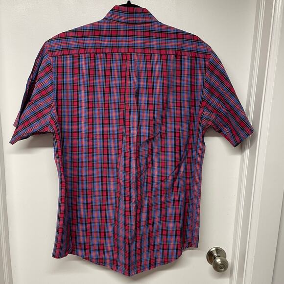 Lands End Mens Red Blue Plaid Short Sleeve Button Up Shirt Size Medium 15-15 1/2 - Picture 2 of 5